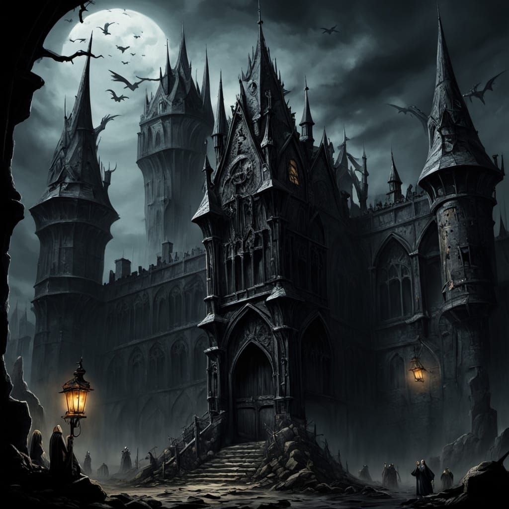 Dark Fantasy Fortress of Bones: Gothic Oil Painting