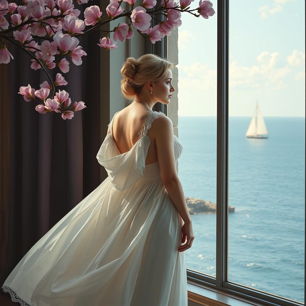 Woman in Grecian Gown Gazing at Ocean, Neoclassical Style