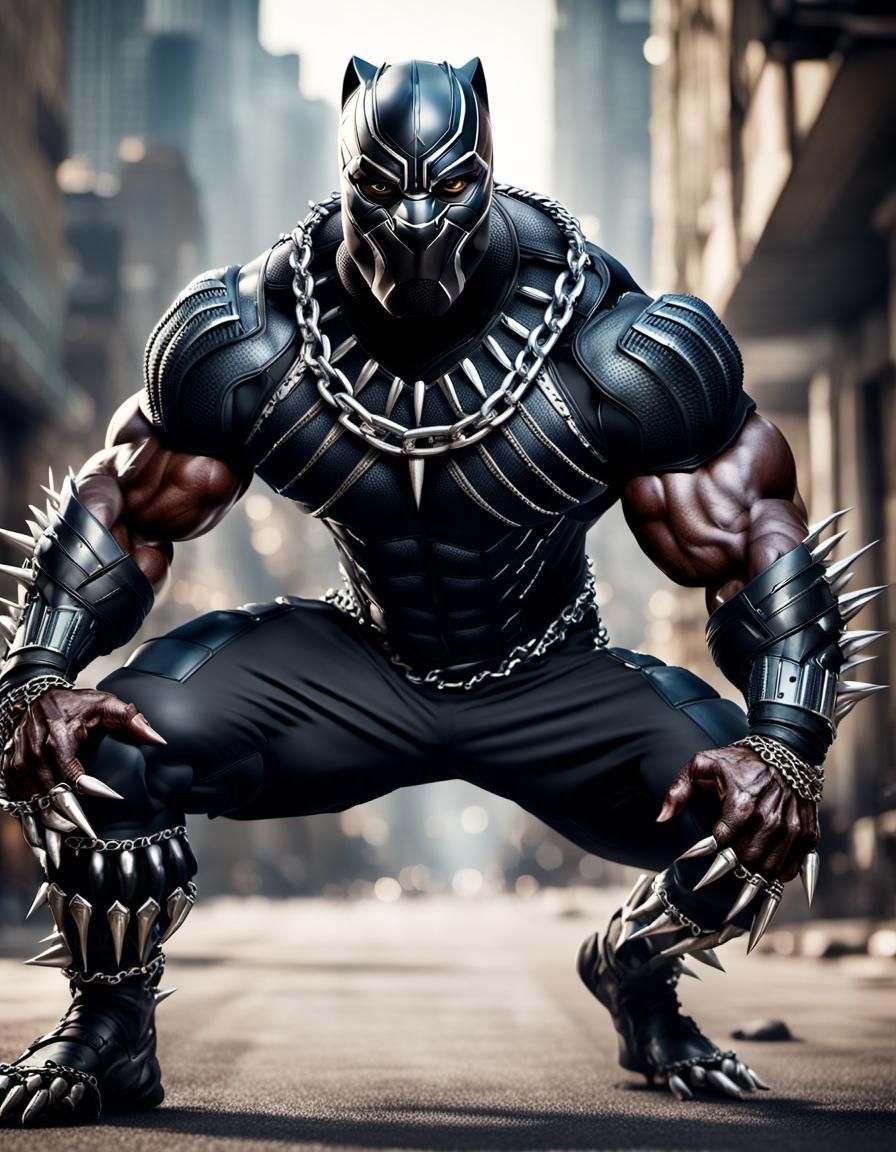 anthropomorphic black panther man with massive muscular musc...