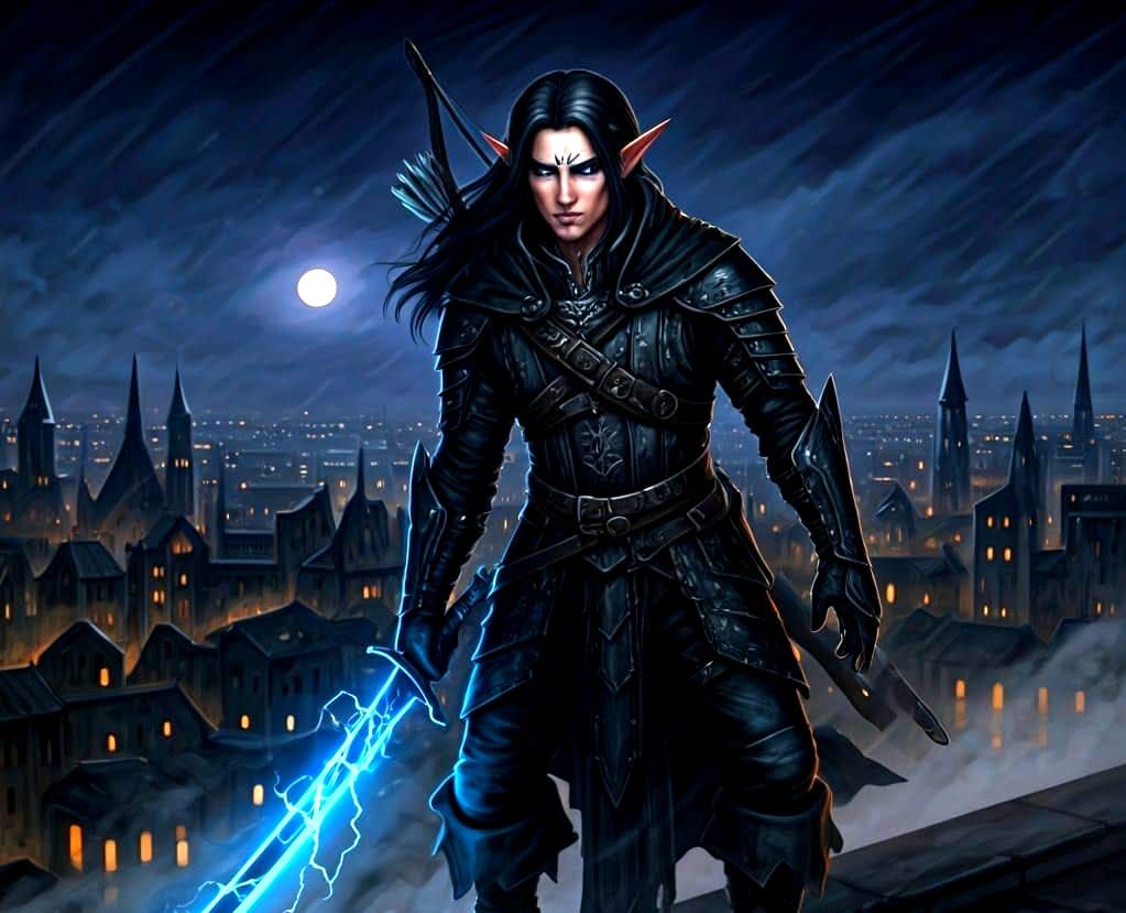 Half Elf Rogue on Rooftop with Lightning Sword