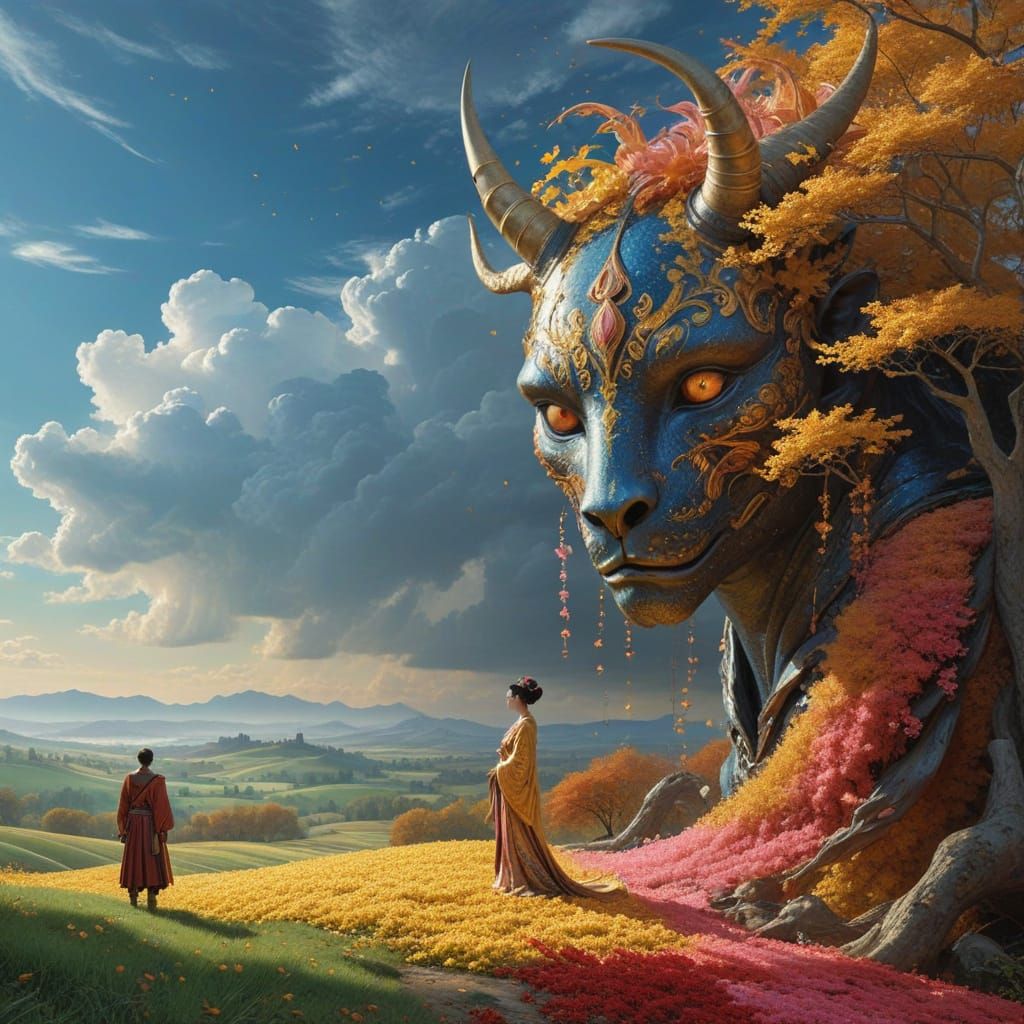 Mythical Chimaera with Matador, Harlequin, and Geisha in Hyp...