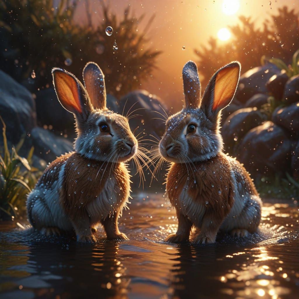 Rabbits Shake Water Droplets at Dramatic Sunrise