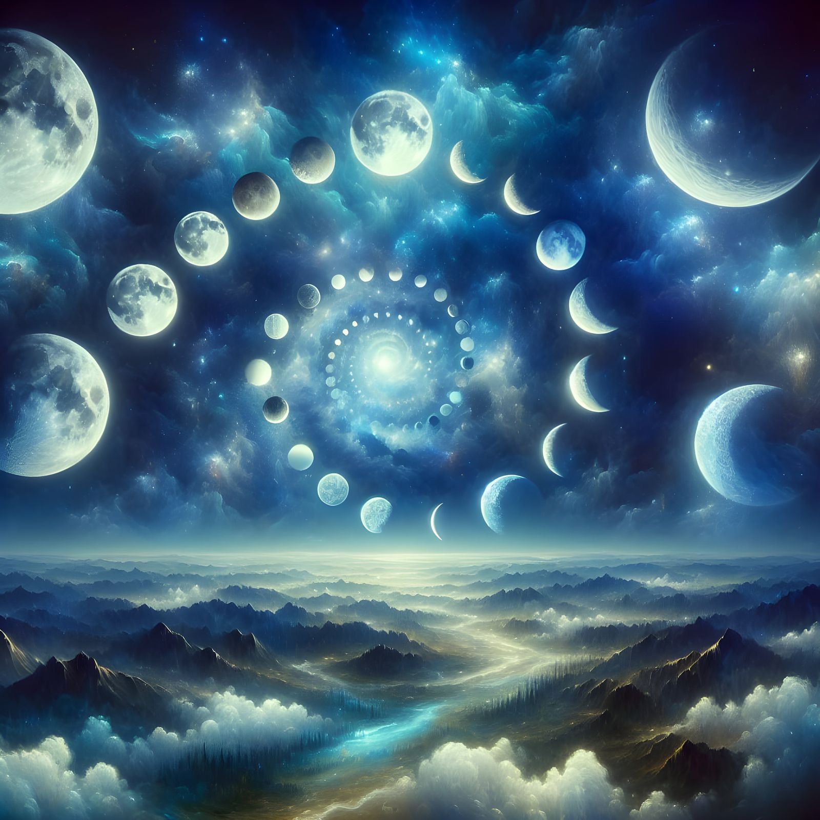 Dreamlike Moons Shimmer in Indigo Night Sky