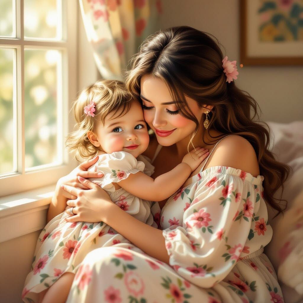 Tender Moment: Baby Hugs Mother in Warm Sunlight