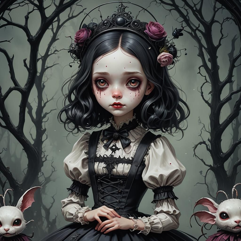 Gothic Miss Muffet in Dark Surreal Fantasy
