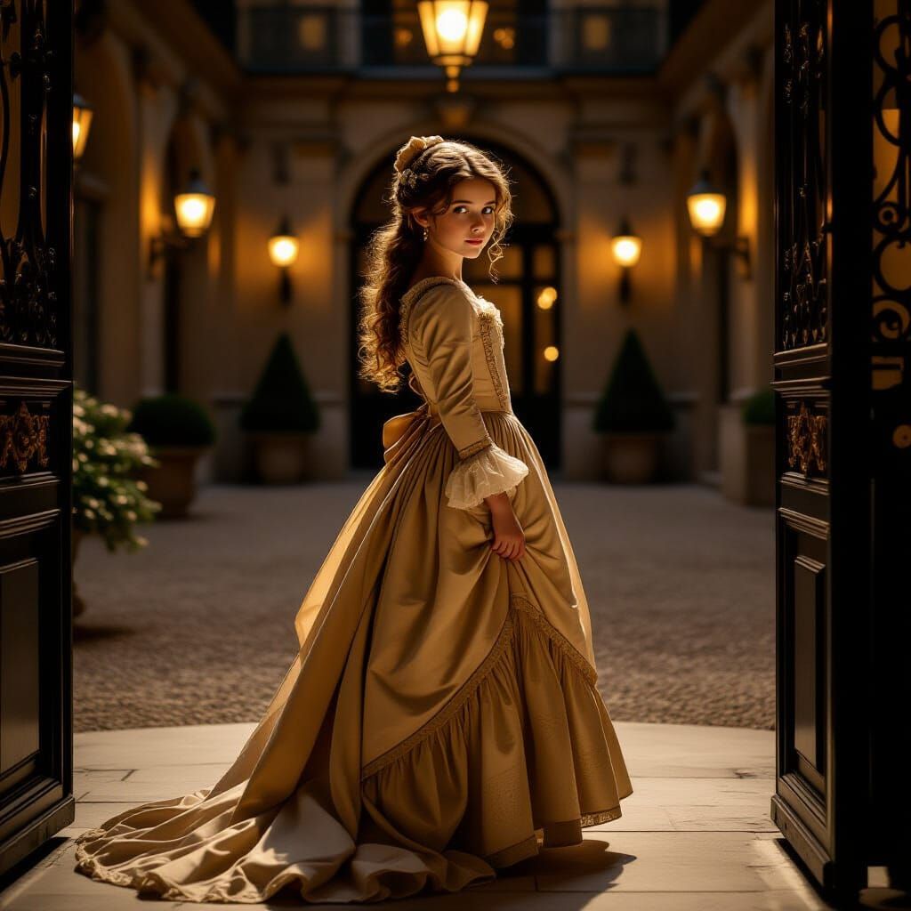 Cosette in Ornate Courtyard, Art Nouveau Style