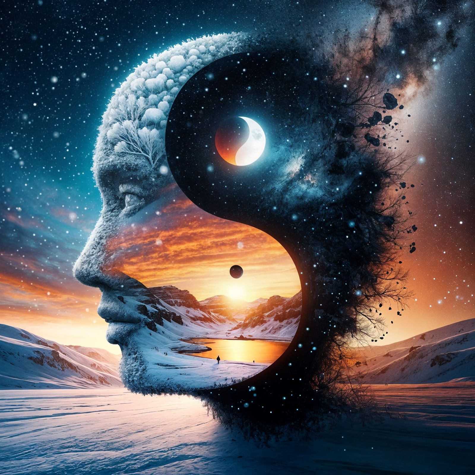 Yin-Yang Face Showcases Harmony in Cosmic Winter Landscape