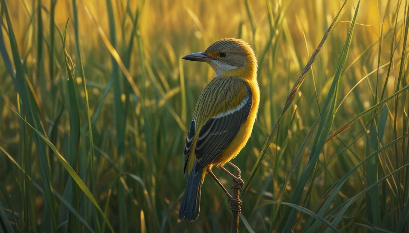 Yellow-bellied Longbill in Golden Hour Light, Vibrant Digita...