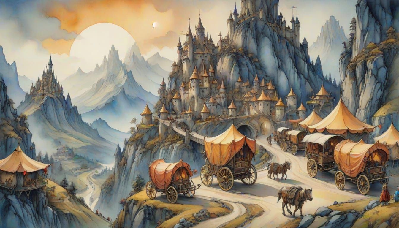 Nomadic Caravan City in Fantasy Landscape Painting