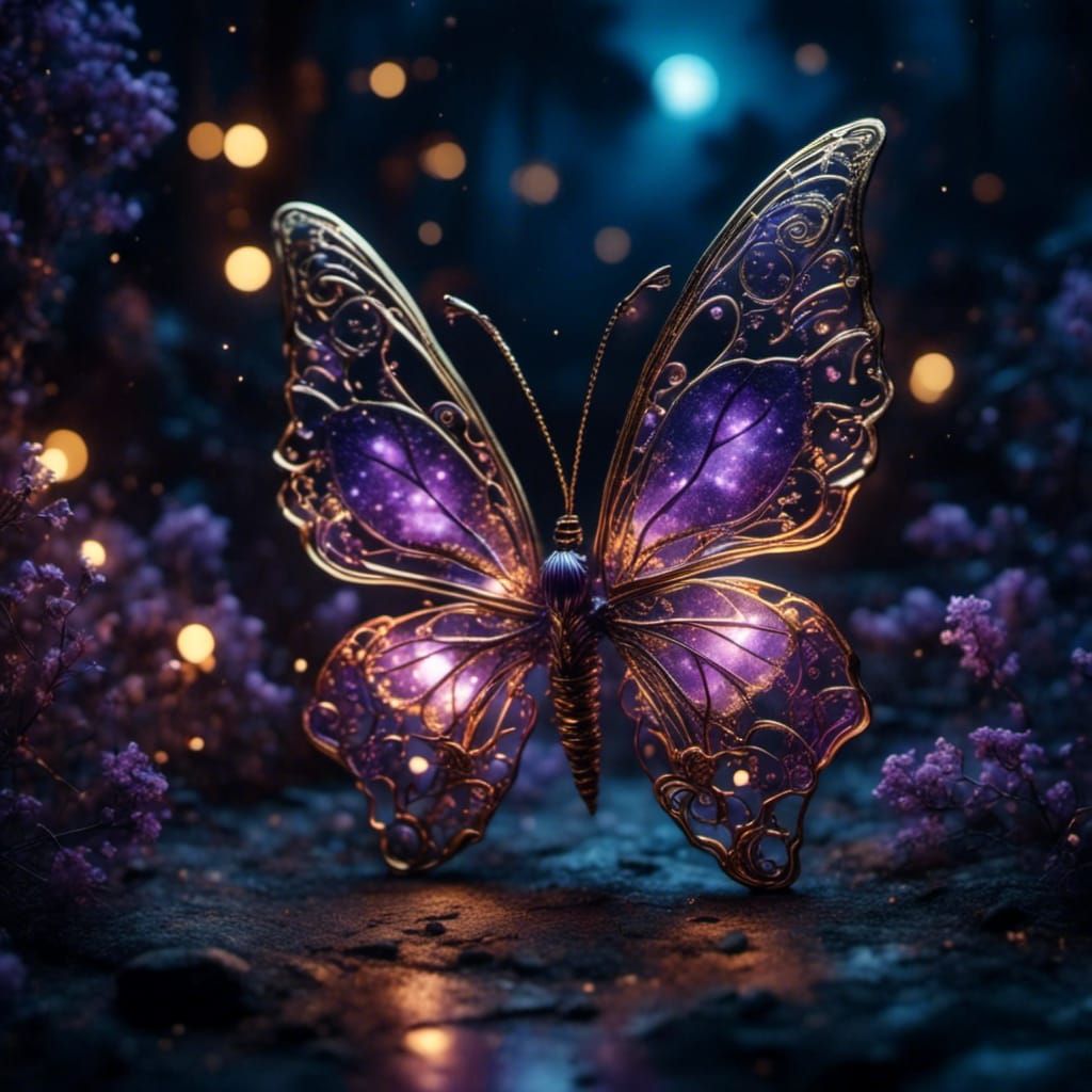 Purple and Gold Butterfly Shimmers at Night