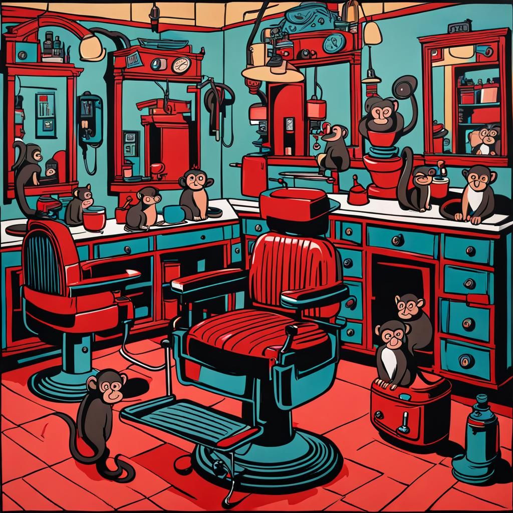 Barber Shop with Monkeys and Cats: Guston-esque