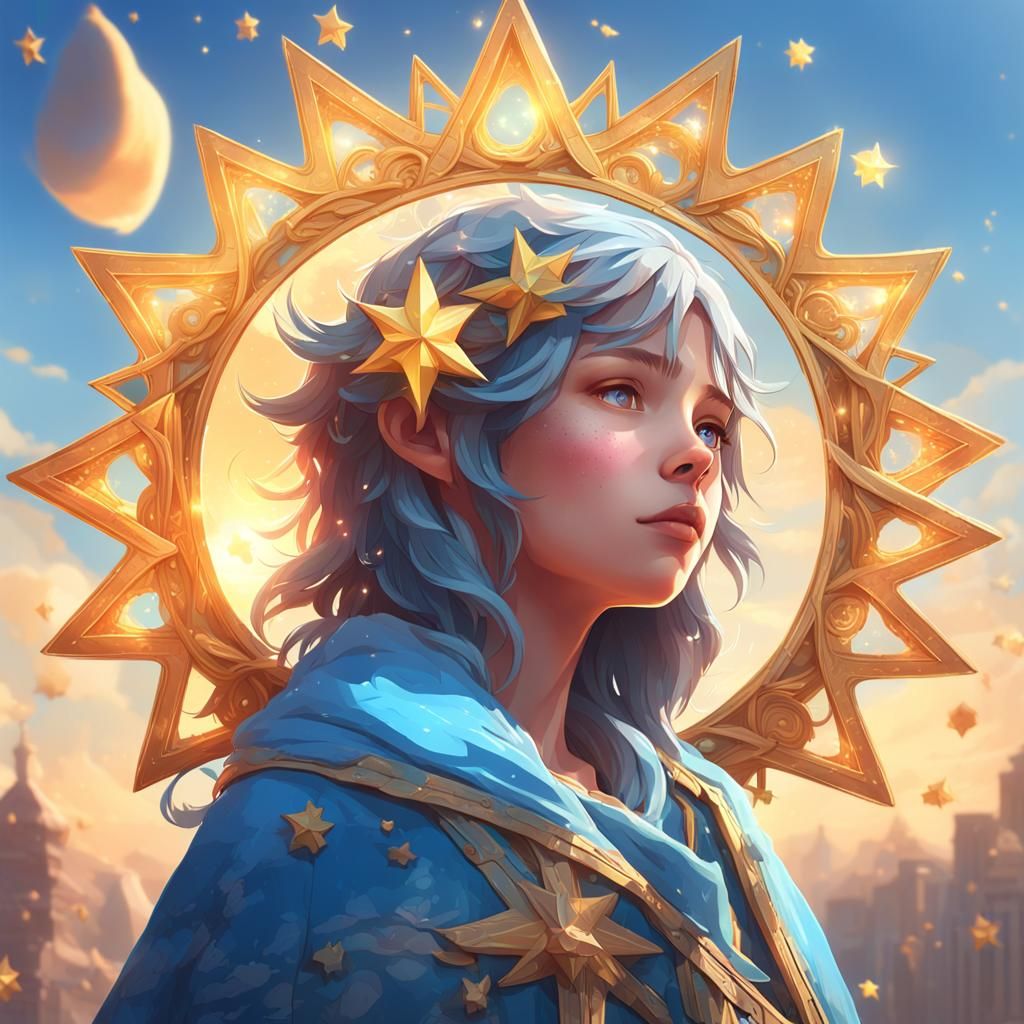 Cute Star and Sun in Blue Sky: Hyperdetailed Art