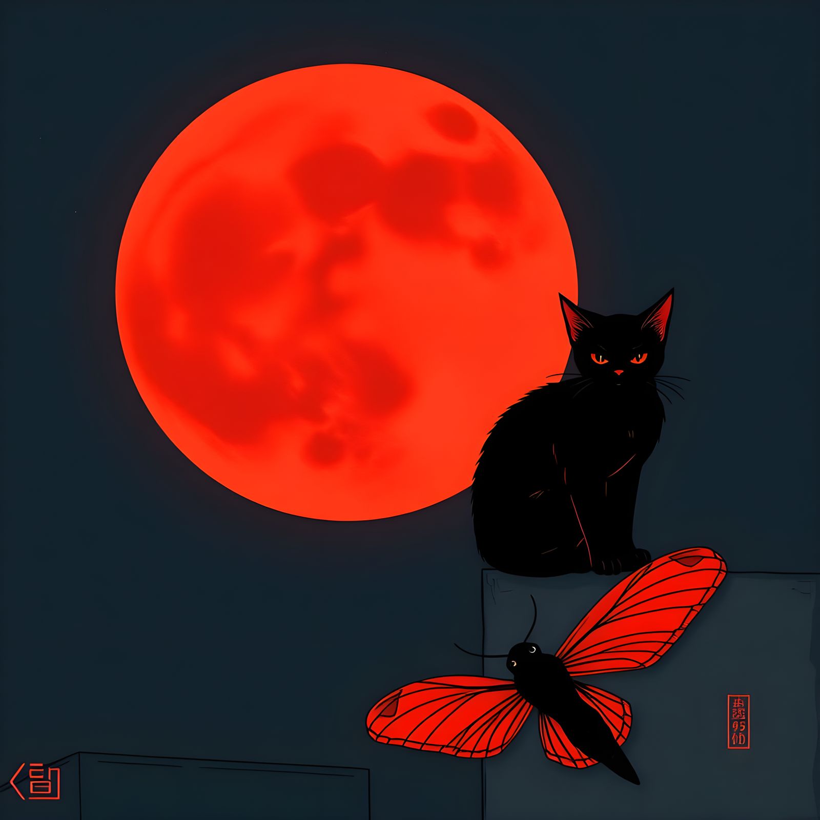 Red Moon Cat and Moth in Woodblock Print Style