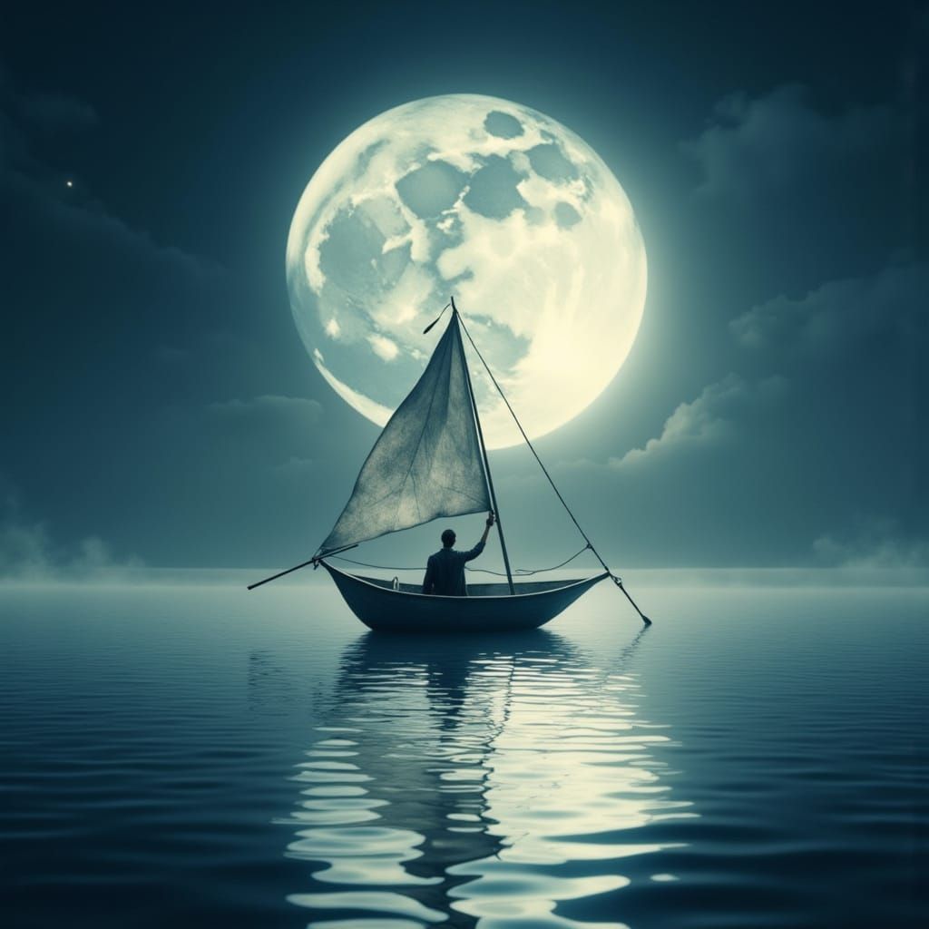 Teacup Boat on Silver Lake Under Full Moon