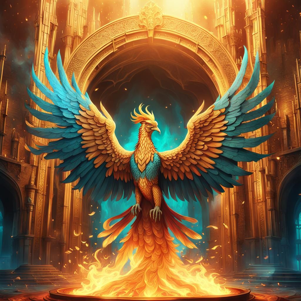 Ethereal Phoenix Rises from Golden Ashes in Majestic Castle
