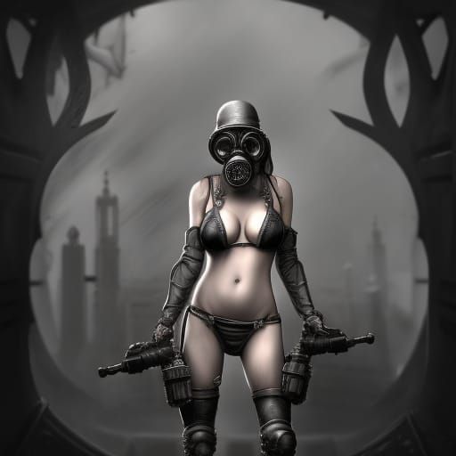 Hyperdetailed Charcoal Drawing: Gasmask Bikini Copchief