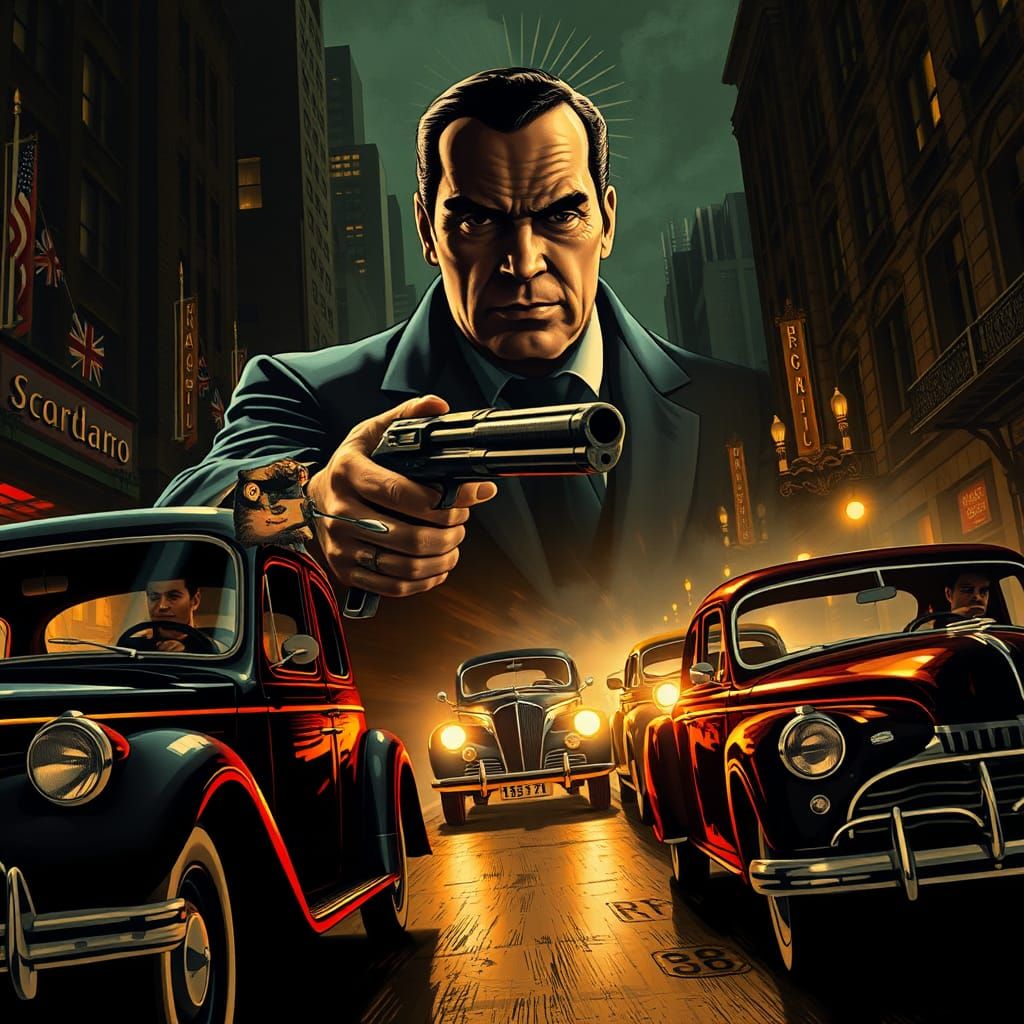 Vintage Mafia Boss in Art Deco Cityscape Poster