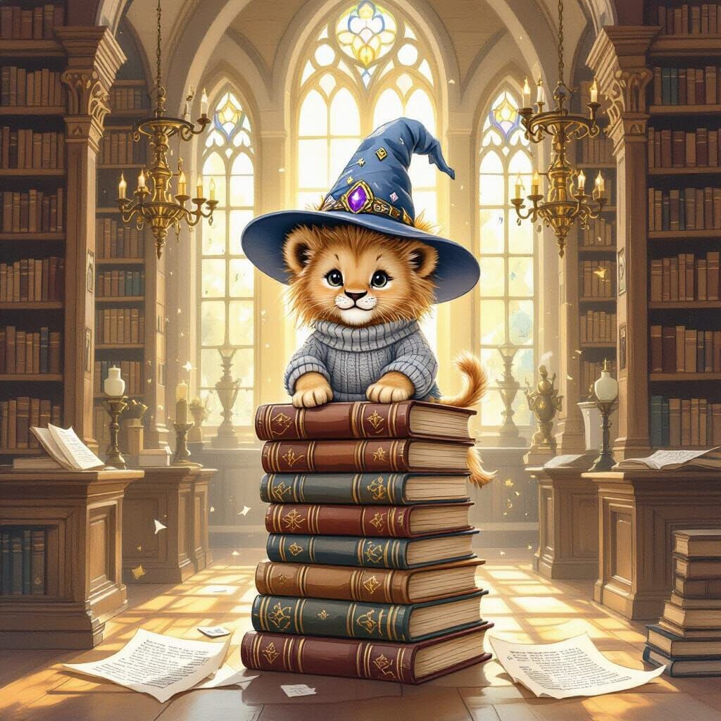 Lion Cub Wizard in Magical Library