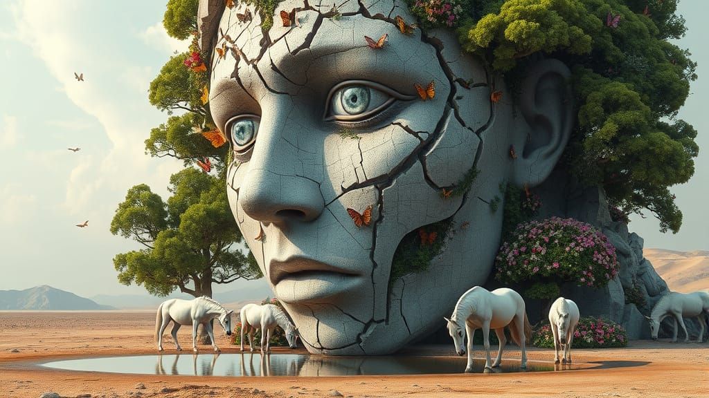 Surreal Stone Face Sculpture with Lush Flora