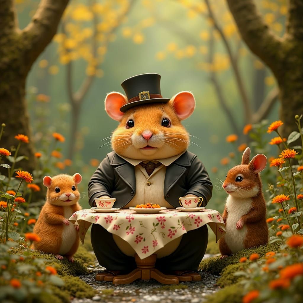 Hamster's Whimsical Tea Party in Quilted Patchwork Style