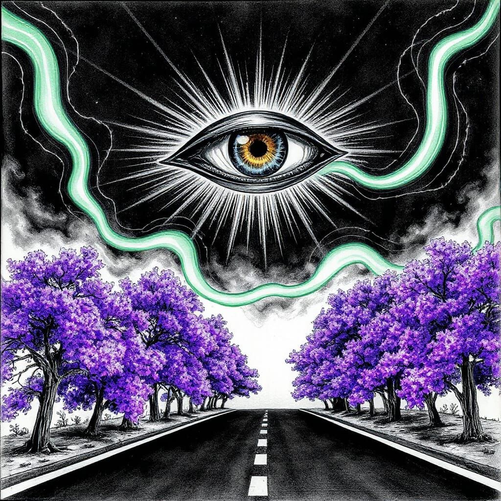 All-Seeing Eye Above Purple Trees with Green Light