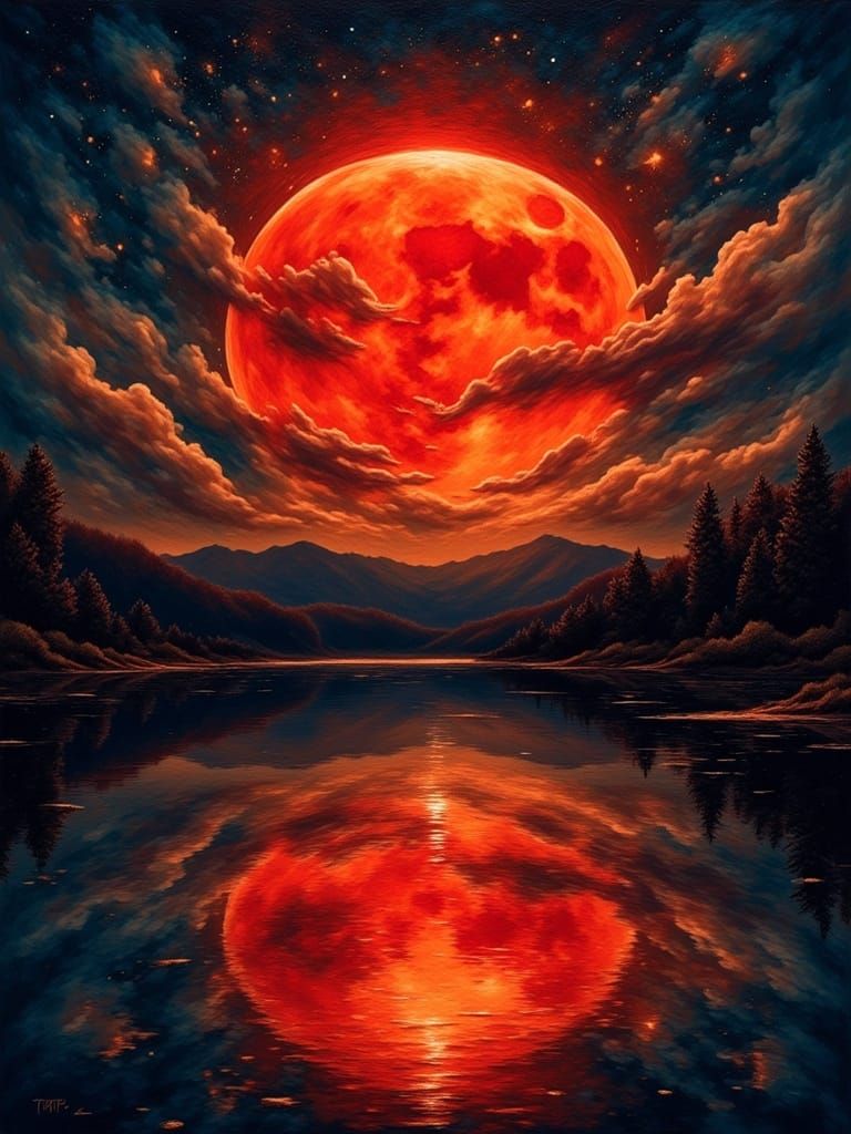 Vibrant Blood Red Moon in Dreamy Night Sky