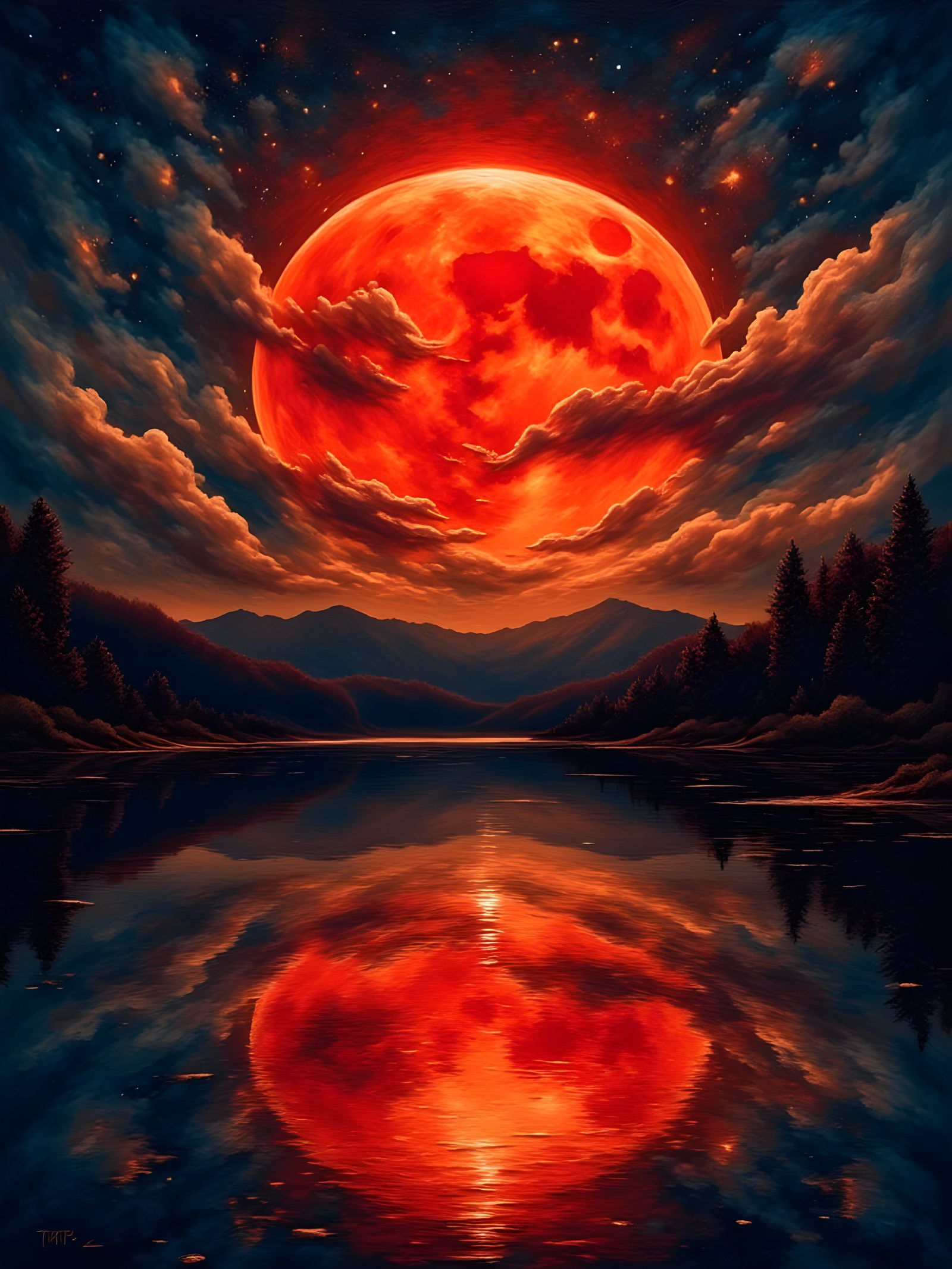 Vibrant Blood Red Moon in Dreamy Night Sky