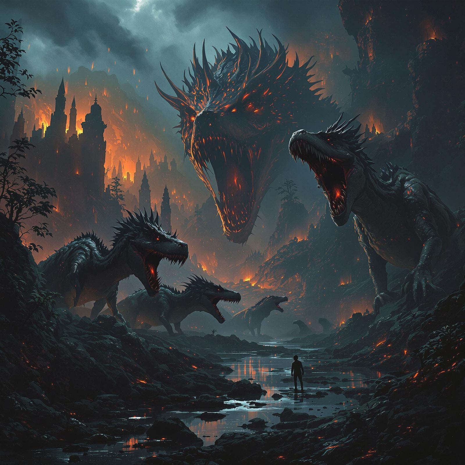 Dark Fantasy Dinosaurs in Haunting, Mystical Realm