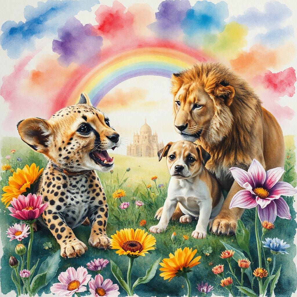Vibrant Spring Garden Scene with Cheetah Cub, Dog, and Lion ...