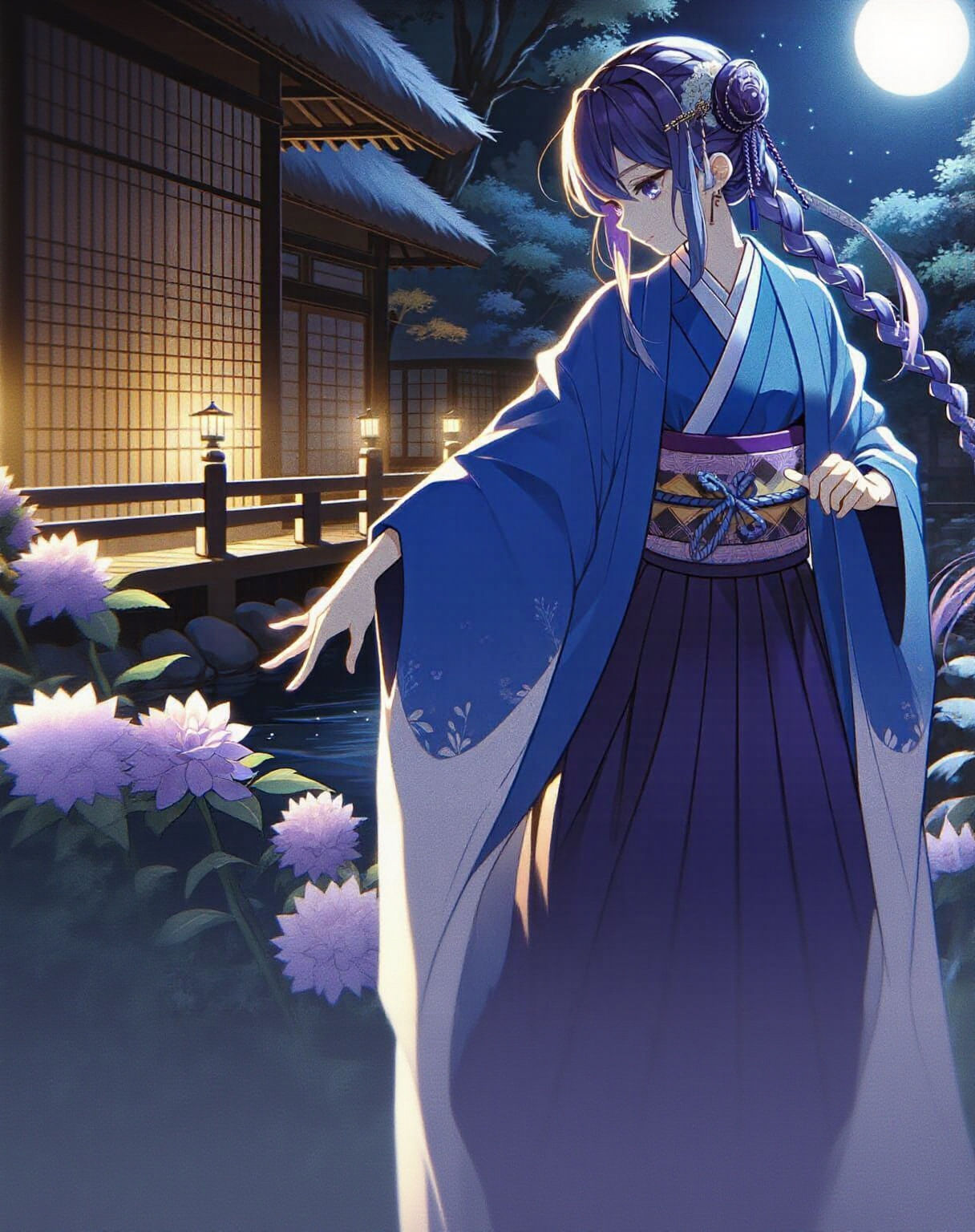 Anime Girl Dancing in Moonlight Garden