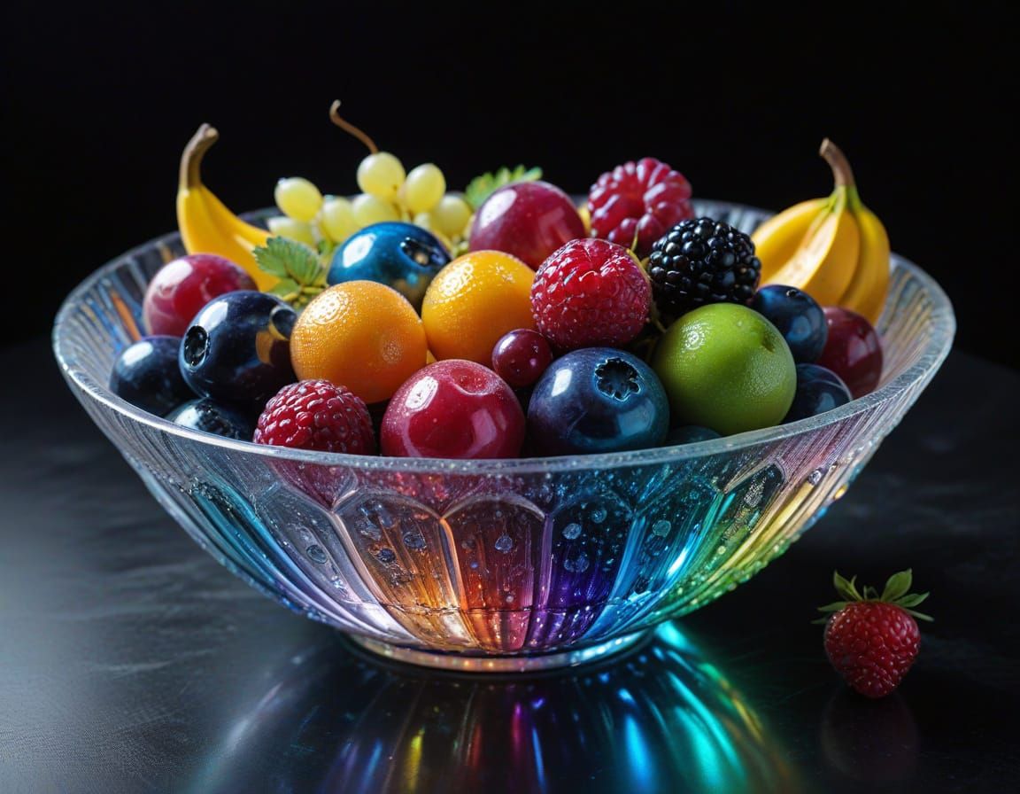 Iridescent Crystal Bowl Filled With Rainbow Fruit