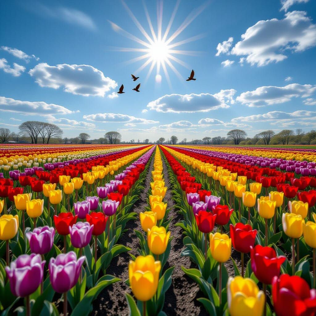 Vibrant Striped Tulip Field Under Sunny Sky