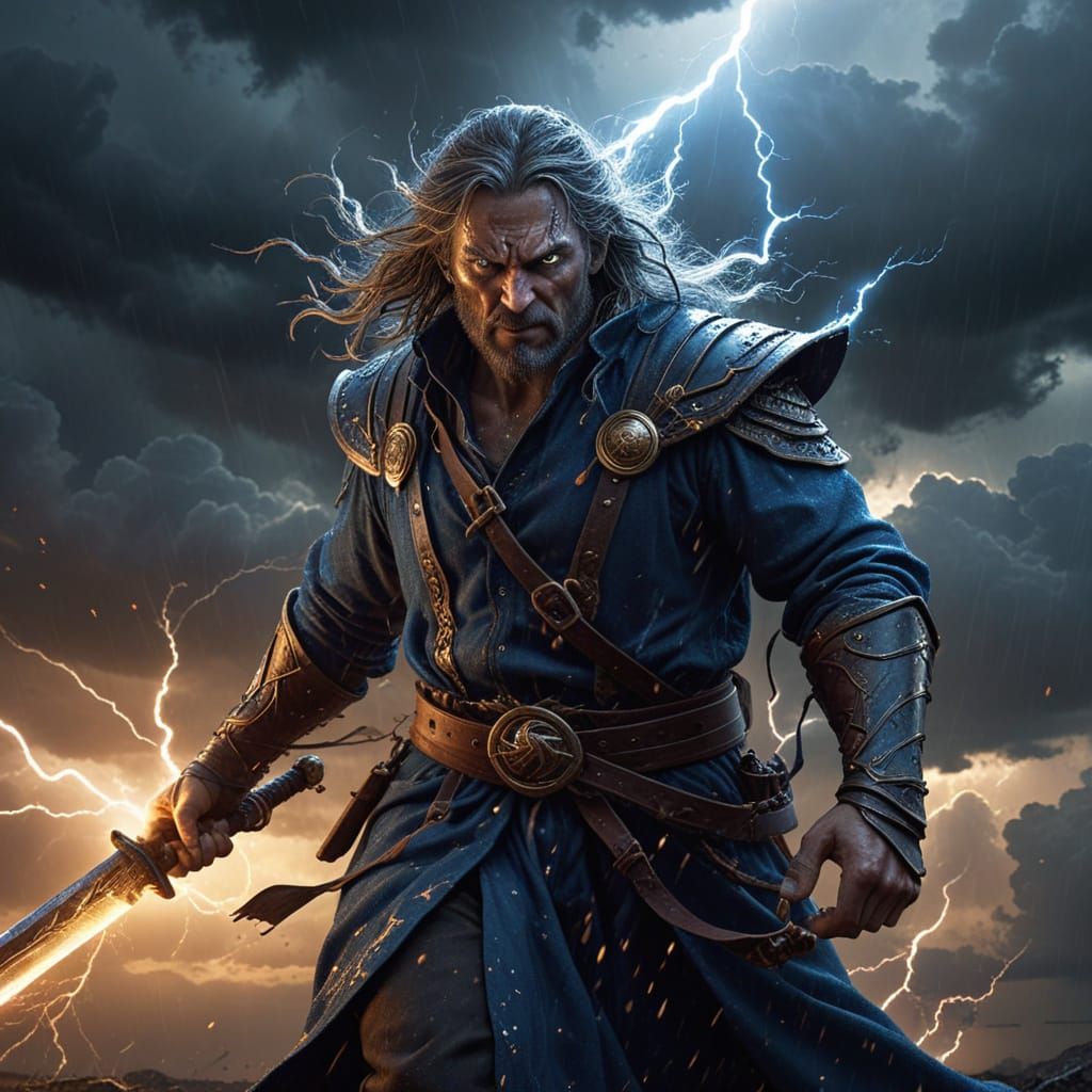 Epic Wizard Conjures Lightning in a Stormy Sky