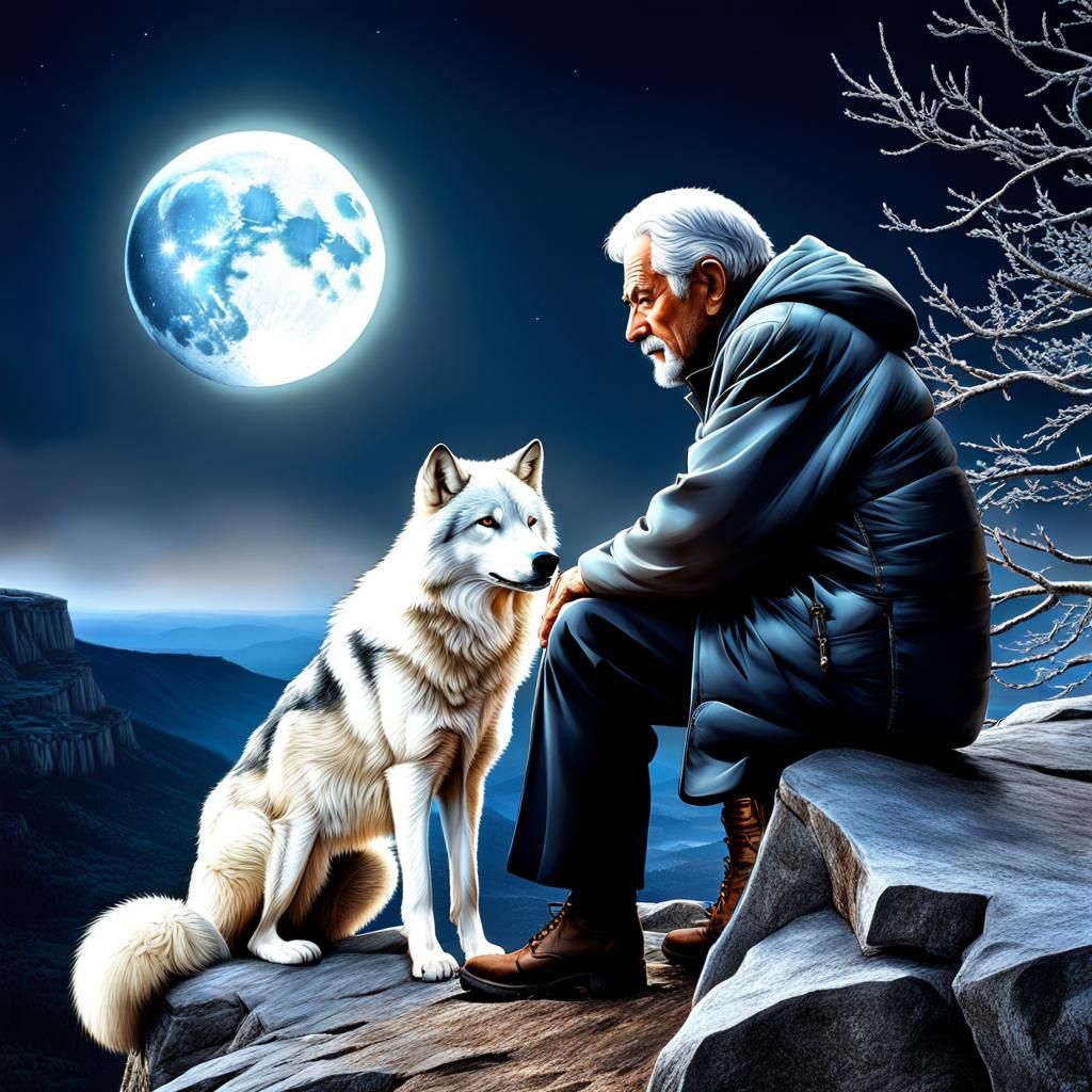 Majestic Wolf and Elderly Man Under Moonlight