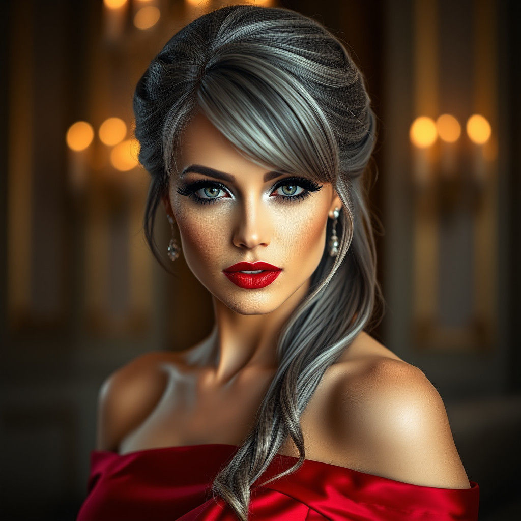 Elegant Woman with Grey Hair and Red Dress