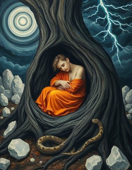 Surreal Figure in Tree Trunk with Lightning