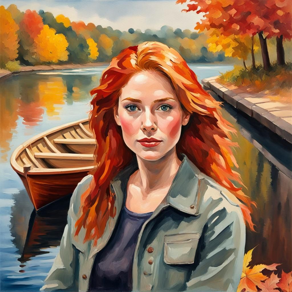 Redhead Woman in Boat: Gouache Style Impressionist Art
