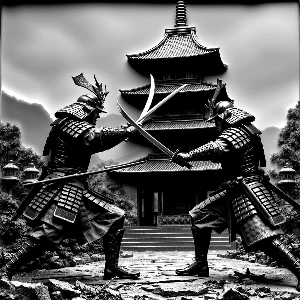 Historical Samurai Clash in Monochrome 3D Relief