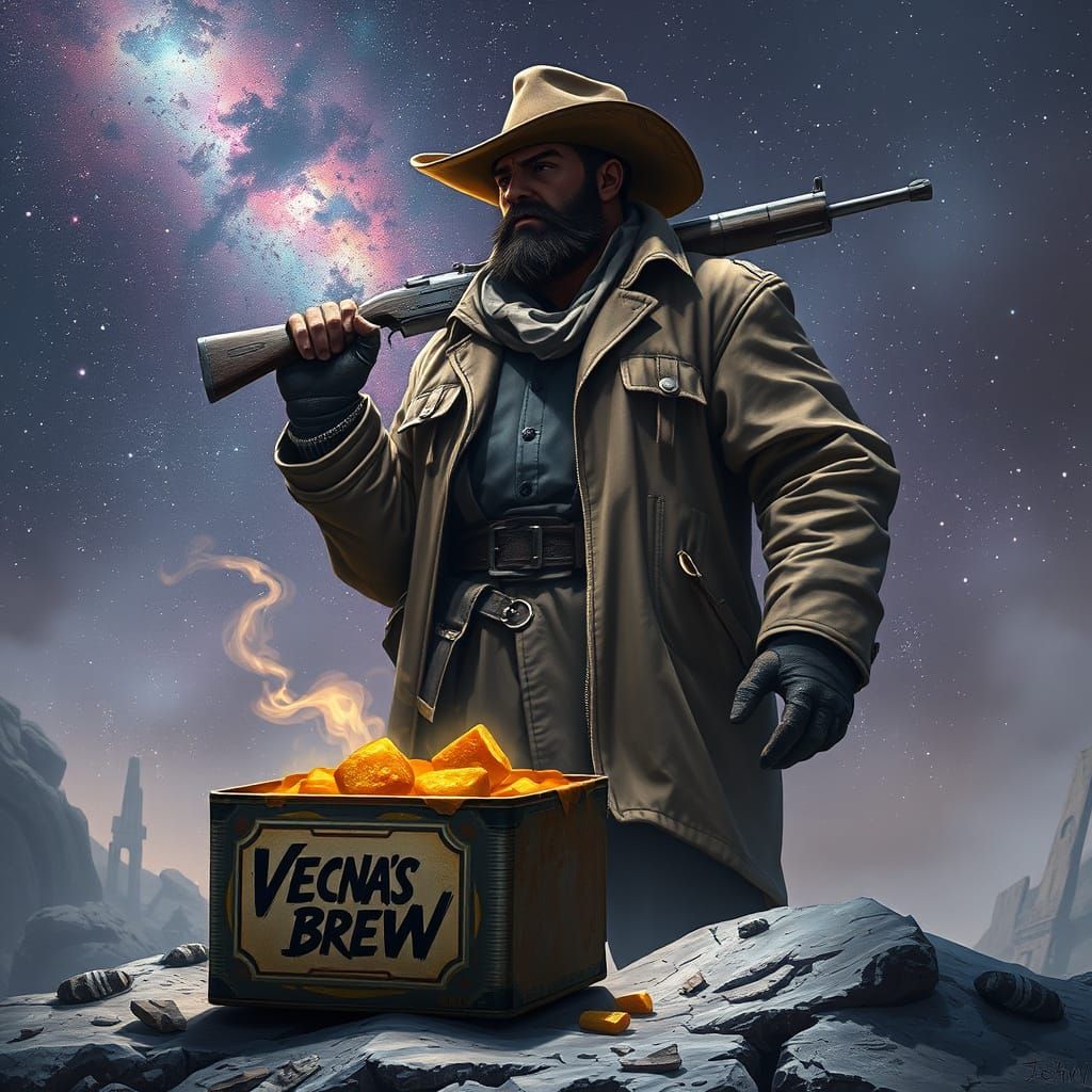 Gritty Space Cowboy Stands Tall Amidst Starry Expanse