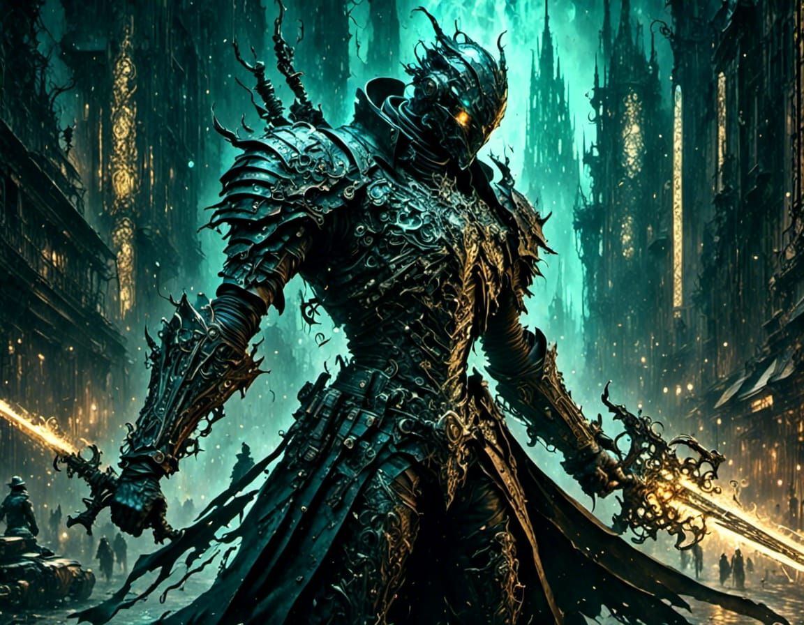 Magitech Swordsman with Laser Weapon in Cyberpunk Style