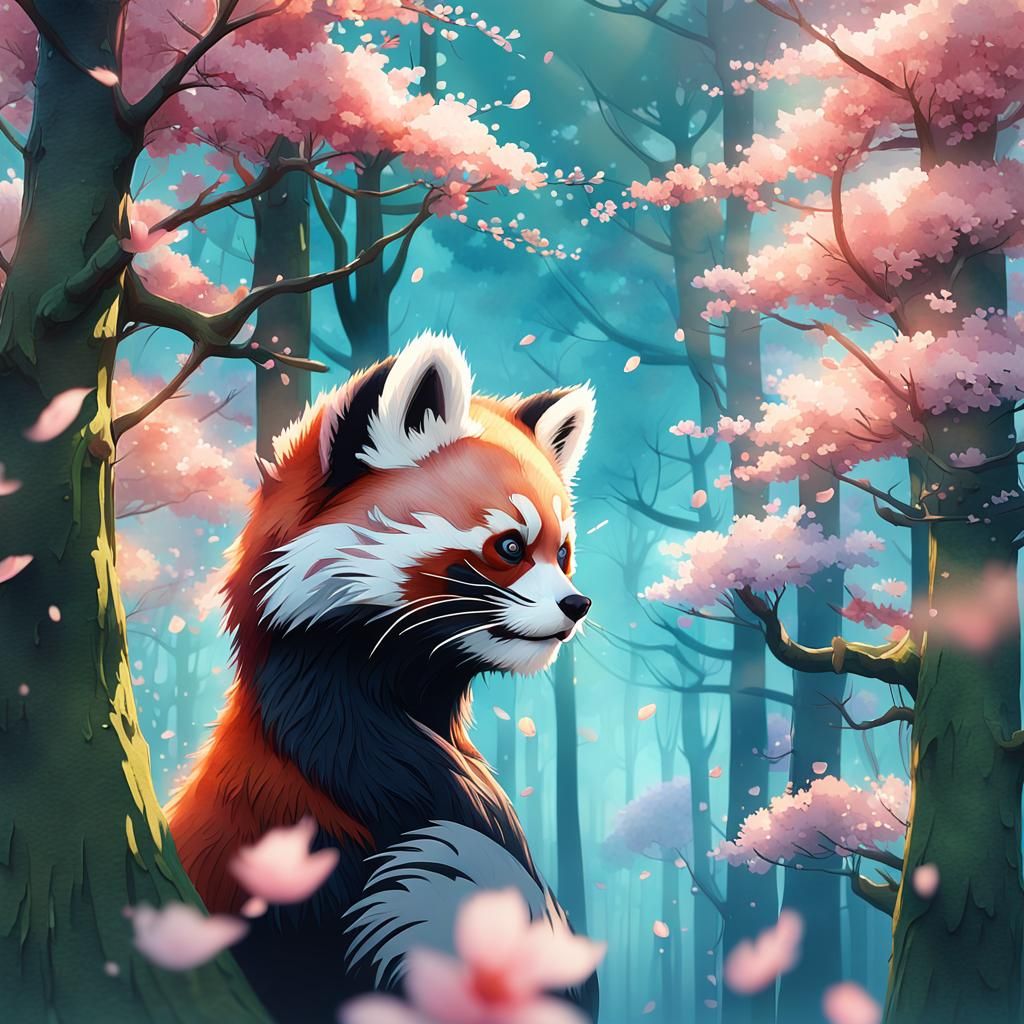 Red Panda with Sakura Flower in Watercolor Style