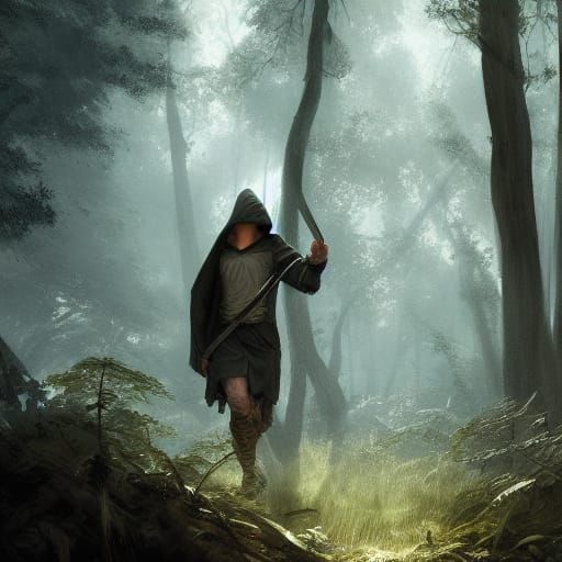 Hooded Ranger Tracking Outlaws in Forest