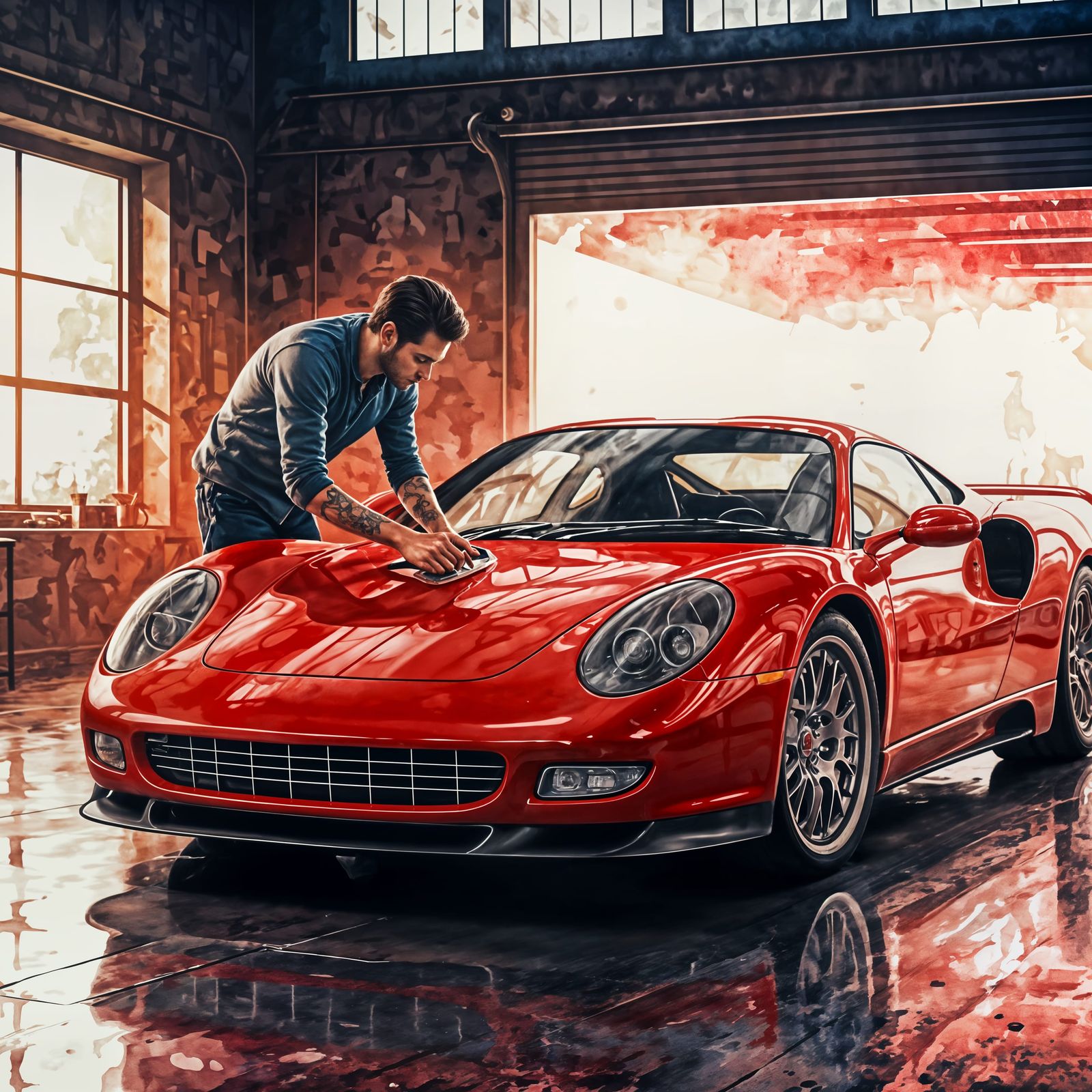 Vintage Supercar Polishing: Detailed Watercolor Impasto Pain...