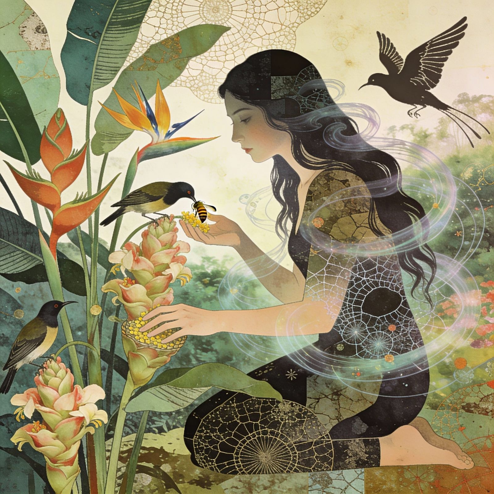 Woman Gathering Nectar with Ethereal Birds