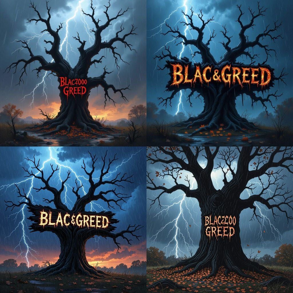 Dead Black Tree in Fall Thunderstorm with Burnt Word