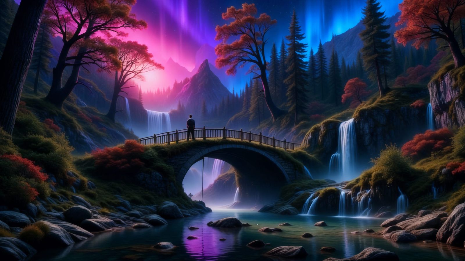 Autumn Stone Bridge Under Northern Lights