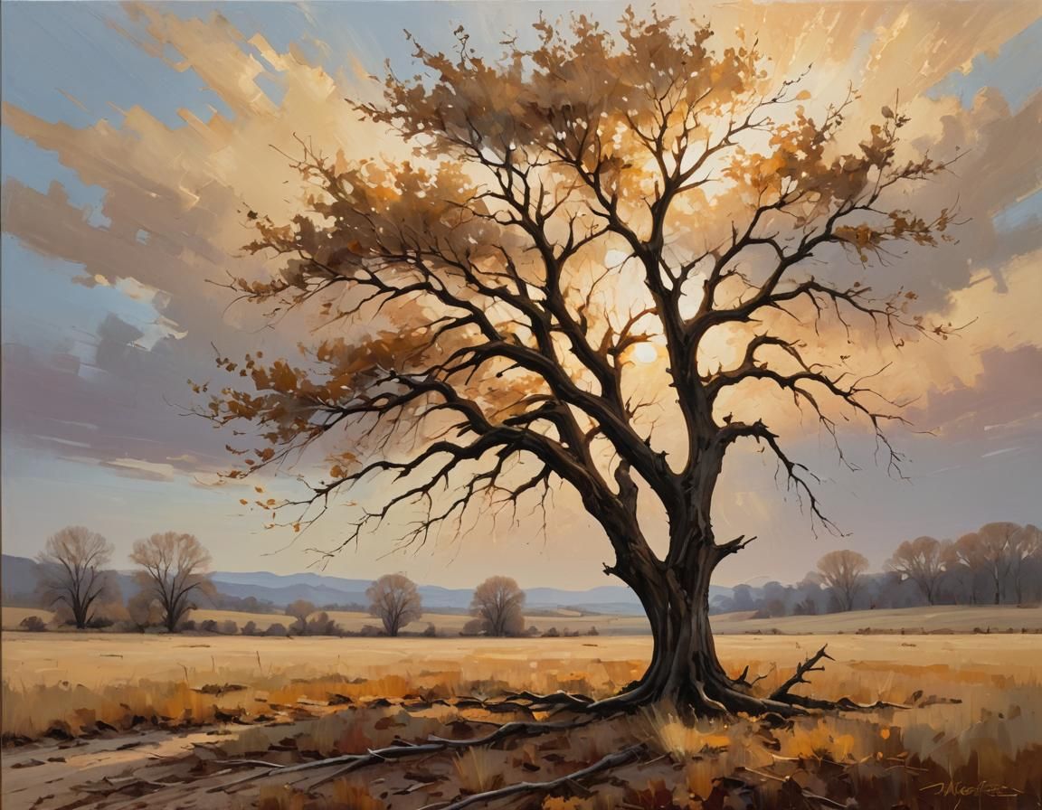 Muted Expressionist Autumn Landscape with Lone Tree