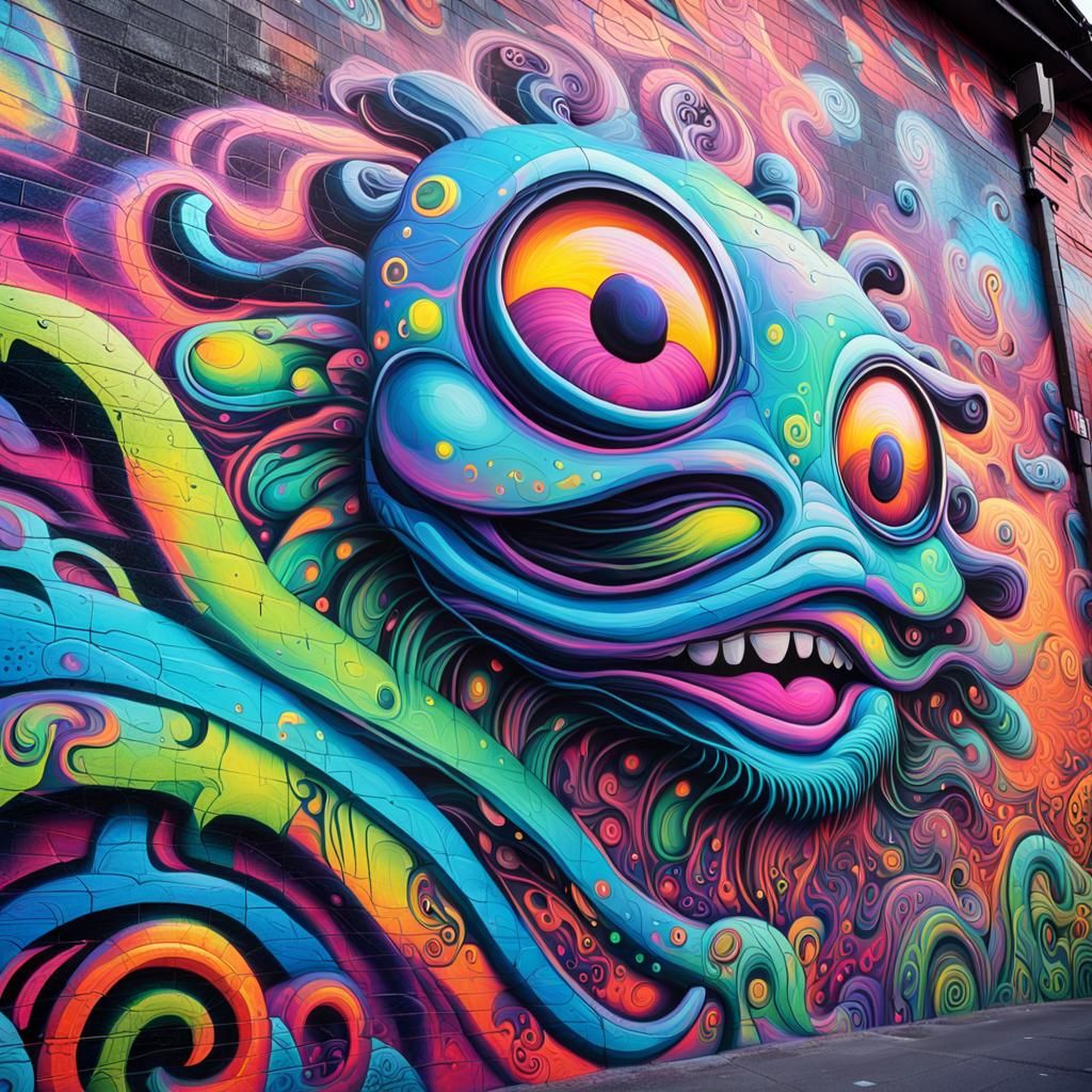 Iridescent Graffiti Creature in Psychedelic Street Art