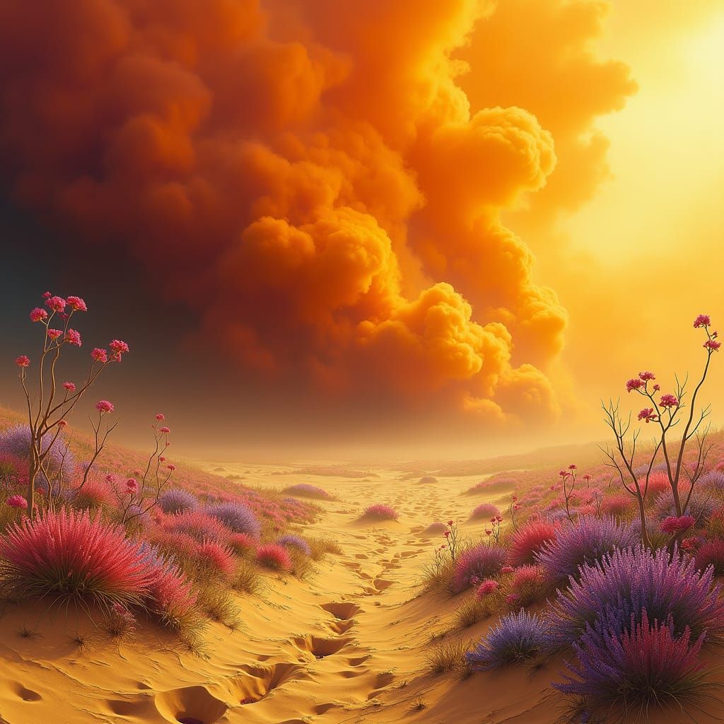 Sandstorm Flowers in Surreal Fantasy Landscape