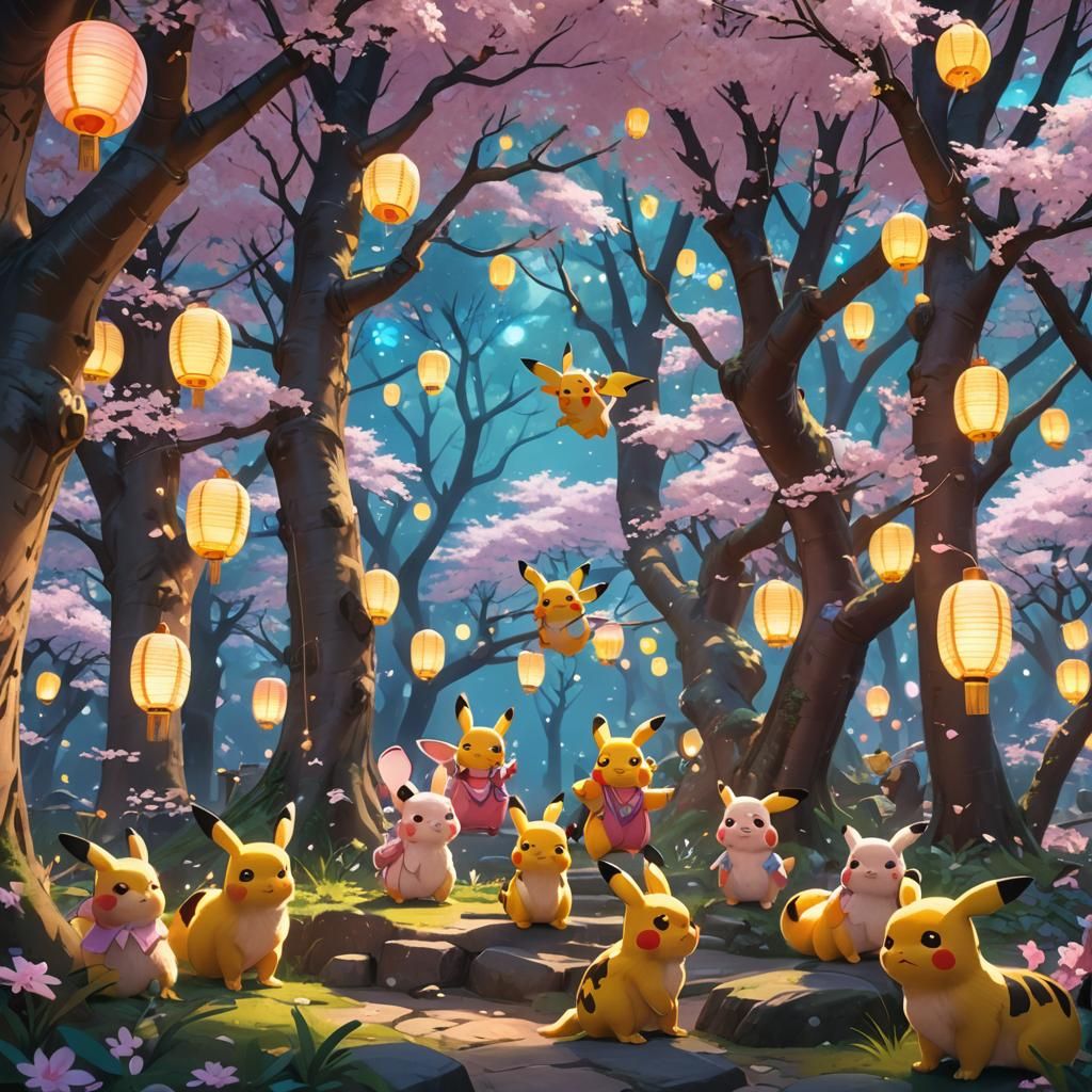 Pikachu Party in Lush Forest: 3D Anime Art